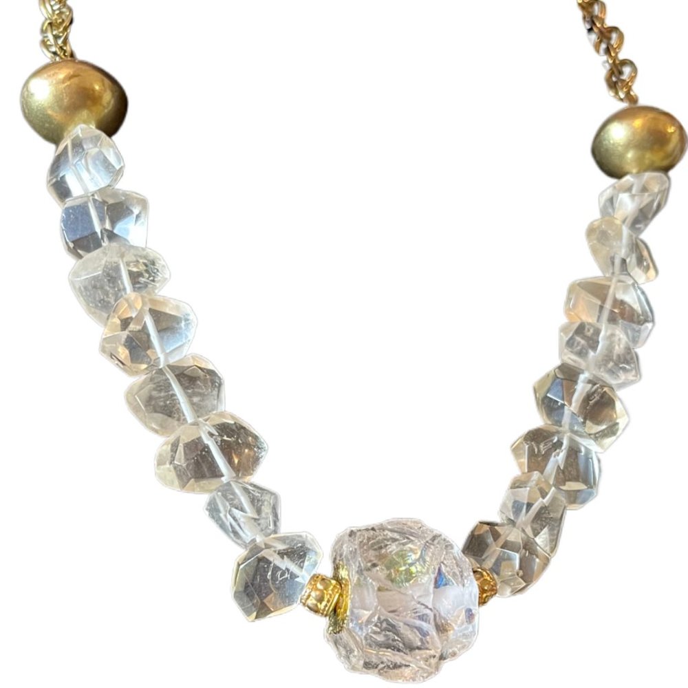Handcrafted Chunky Necklace. Clear Crystal Quartz & Gold tone accents & Chain. - Picture 2 of 5